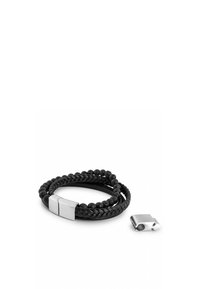 Black leather bracelet with braided design and round beads, featuring a silver metal clasp. Notable for its textured finish and dual elements.