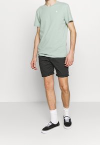 T-shirt di cotone verde chiaro con scollatura rotonda, abbinato a pantaloni corti grigi scuri e sneakers nere. Visibili calzini bianchi alla caviglia.