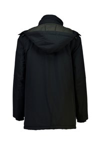 Svart ytterjacka med huva, har en slät textur, långa ärmar och en något rundad nederkant. Baksidan har en enkel och odesignad design.