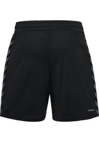 Sorte atletikshorts lavet af letvægtmateriale, med grå sidelister, elastisk taljebånd og en lille logo på kanten.