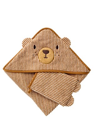 Brown and white striped hooded baby towel with bear face and ears, paired with matching washcloths with small bear ears.