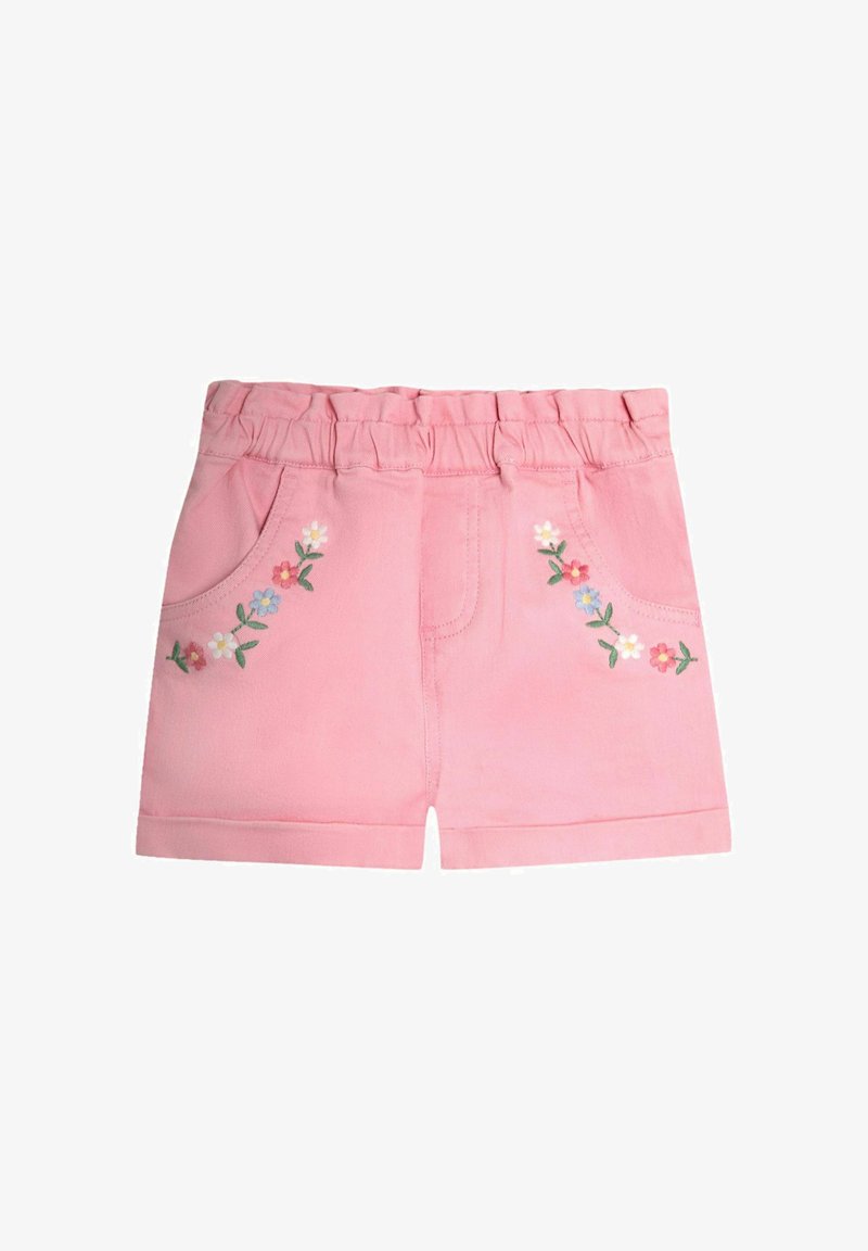 Pantaloncini rosa per bambini piccoli con vita elastica e ricami floreali sulle tasche anteriori.