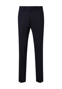 Marineblauwe broek in een recht model, gemaakt van een gladde stof. Heeft een voorste plooien en een ritssluiting.