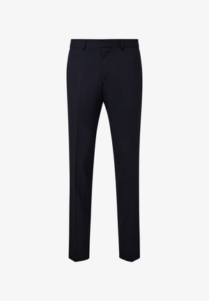 Pantalons habillés marine avec un design à jambes droites, fabriqués dans un tissu lisse. Caractéristiques des plis à l'avant et une fermeture éclair.