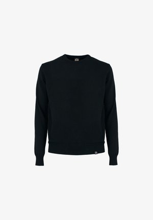 Maglione nero a collo rotondo con maniche lunghe, polsini e orlo a costine. Realizzato in tessuto morbido con una texture semplice e liscia. Piccolo logo del brand sull'orlo.