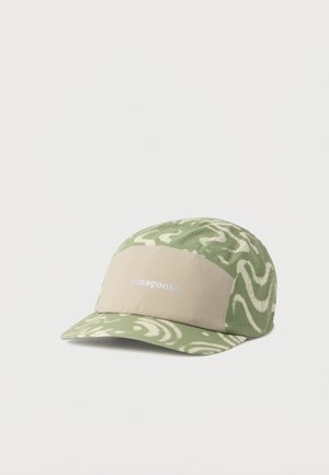 Green and beige Patagonia cap with abstract white swirl patterns and ventilation holes on the sides, displayed on a white background.