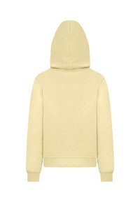 Ljusgul hoodie med slät textur, ribbade ärmslut och nederkant. Har en rund yoke och minimala söms detaljer.