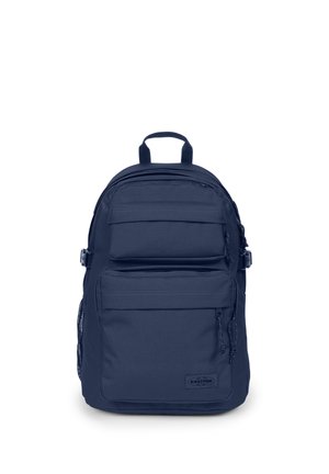Zaino blu scuro con due tasche anteriori con zip, tasca laterale in mesh, maniglia superiore e cinghie laterali regolabili.
