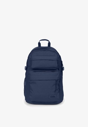Zaino blu scuro con due tasche anteriori con zip, tasca laterale in mesh, maniglia superiore e cinghie laterali regolabili.
