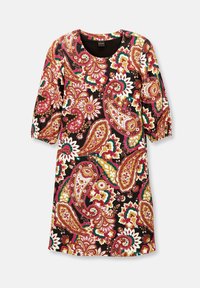 Musterkleid mit einem Paisleymuster, verziert mit roten, rosa, grünen und weißen Blumenakzenten auf einem schwarzen Hintergrund. Rundhalsausschnitt, dreiviertel Ärmel.