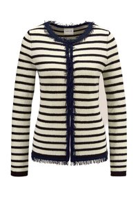 Gestreepte cardi met marineblauwe en crème kleuren. Gebreid materiaal, getailleerde vorm, ronde halslijn en rafelige randen langs de opening en manchet.