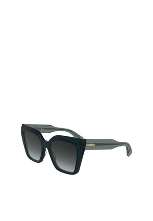 Occhiali da sole con montatura quadrata oversize in verde scuro con lenti grigie sfumate. Gli accenti nei lati trasparenti presentano un dettaglio in metallo dorato.