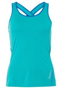 Débardeur de sport turquoise avec bretelles croisées dans le dos, présentant des coutures contrastantes bleues et un logo sur le côté inférieur droit.