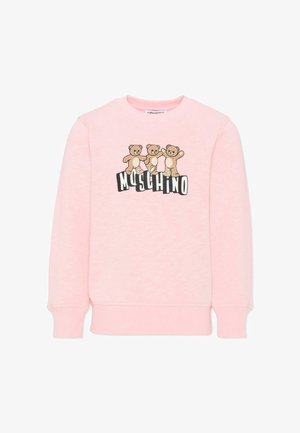 Felpa rosa con tre orsi dei cartoni animati e la scritta "Moschino" in caratteri neri in grassetto. Realizzata in tessuto morbido e strutturato con polsini a costine.