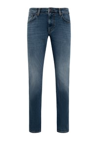 Dark blue jeans with a faded finish. Straight-leg design, five pockets, brass button closure, and contrast stitching details.
