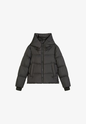 Black padded jacket with a high neck, front zipper, two large pockets, and ribbed cuffs. Smooth finish with quilted sections for insulation.