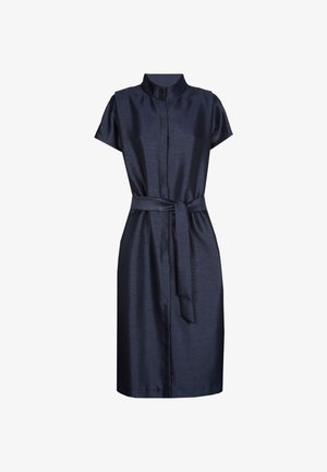Navy blue knee-length dress with short sleeves, stand collar, front button closure, and matching fabric belt tied at the waist.