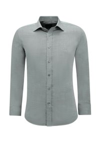 Herenoverhemd met lange mouwen, lichtgrijs, met knopen en kraag, en een klein geborduurd logo op de borst.
