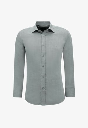Herenoverhemd met lange mouwen, lichtgrijs, met knopen en kraag, en een klein geborduurd logo op de borst.