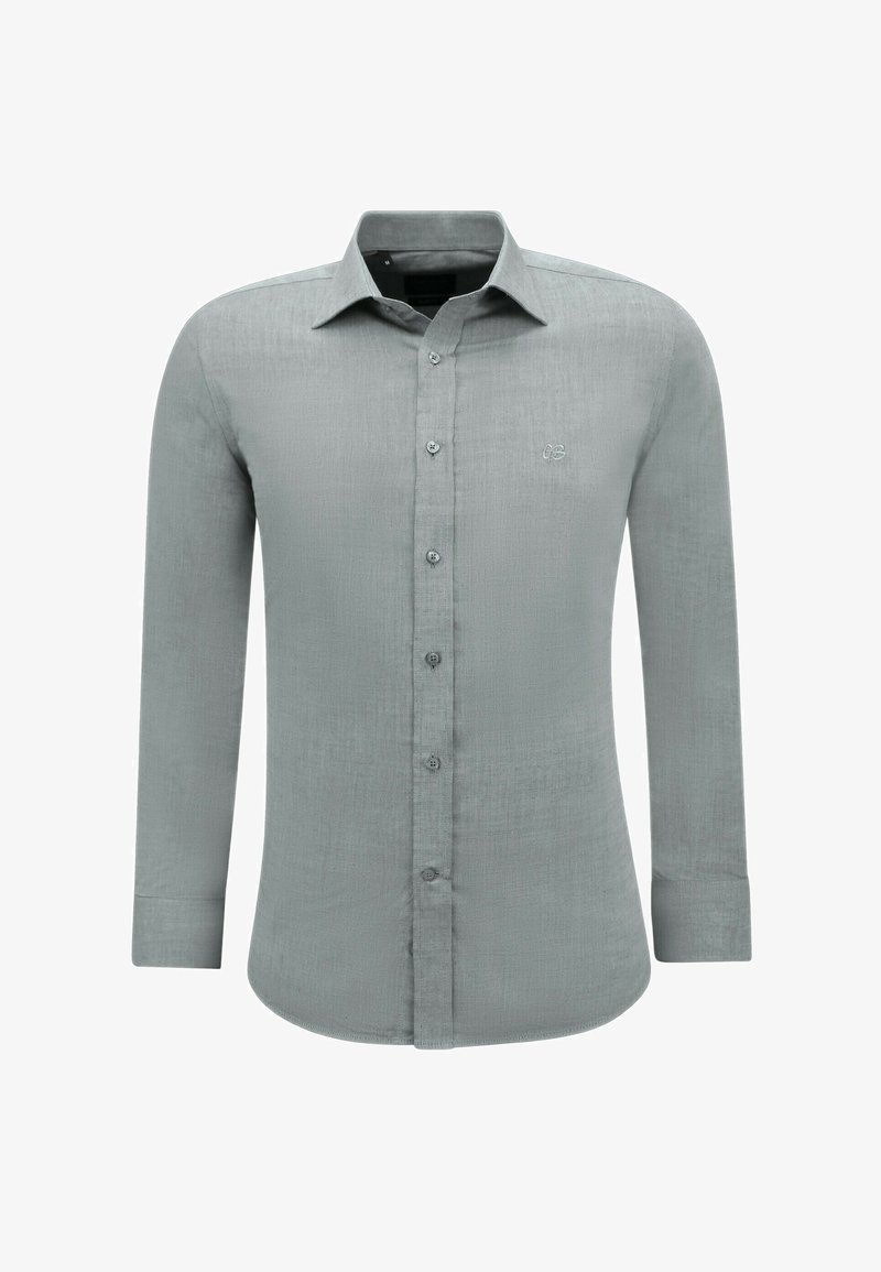 Herenoverhemd met lange mouwen, lichtgrijs, met knopen en kraag, en een klein geborduurd logo op de borst.