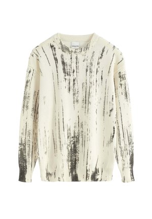 Pull léger en crème avec des rayures noires. Il présente un col rond, des manches longues et des poignets et un ourlet côtelés. Fabriqué en tissu tricoté doux.