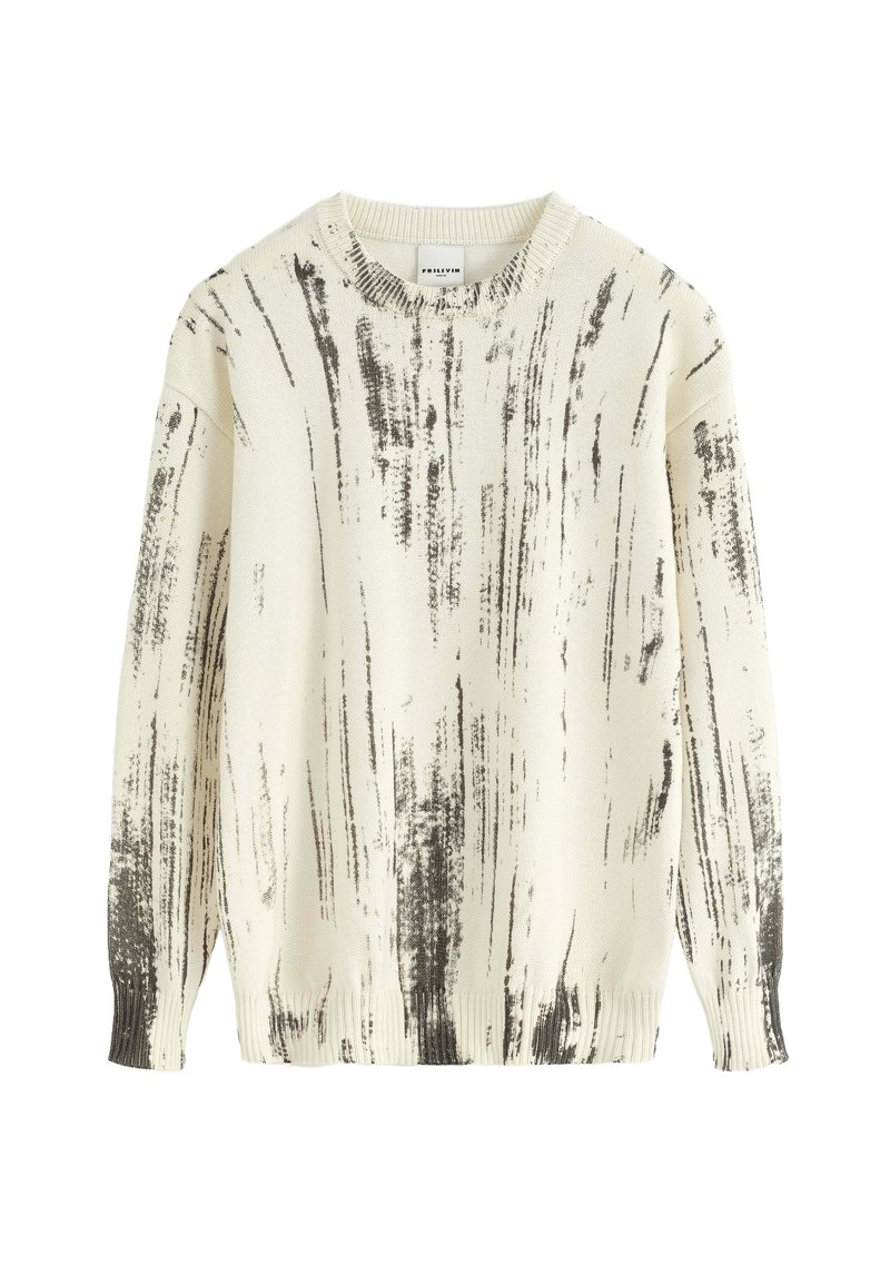 Pull léger en crème avec des rayures noires. Il présente un col rond, des manches longues et des poignets et un ourlet côtelés. Fabriqué en tissu tricoté doux.