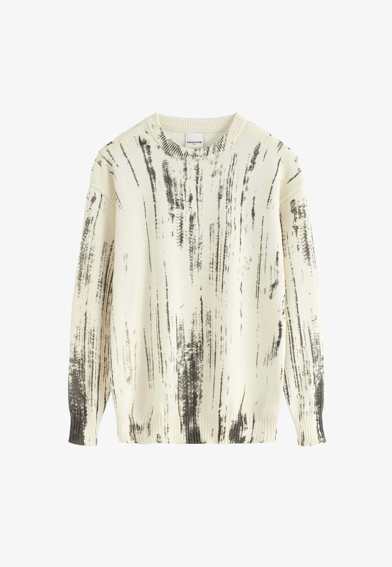 Pull léger en crème avec des rayures noires. Il présente un col rond, des manches longues et des poignets et un ourlet côtelés. Fabriqué en tissu tricoté doux.