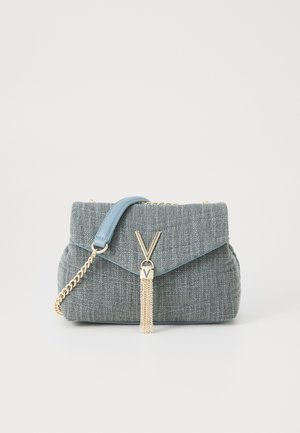 Gray textured handbag with a fold-over flap, gold chain strap, and a blue leather accent. Features a gold tassel and "V" hardware detail.