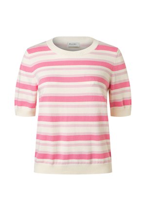 Kurzarm-Strickpullover mit abwechselnden rosa und weißen horizontalen Streifen sowie einem gerippten Rundhalsausschnitt, Bündchen und Saum.