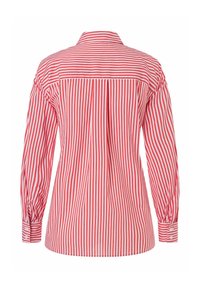 Rood-wit gestreepte shirt met kraag, lange mouwen en knoopmanchetten; heeft een achterste yoke en afgeronde zoom.