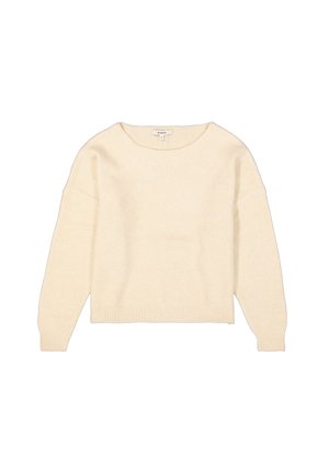 Pull en laine beige clair avec un col rond, des épaules tombantes, des manches longues et un ourlet à côtes, mettant en avant une texture douce et une coupe décontractée.