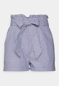 Striped fabric shorts in blue and white, featuring a ruffled waistband, a tied belt, and two front pockets. Straight cut with cuffed hems.