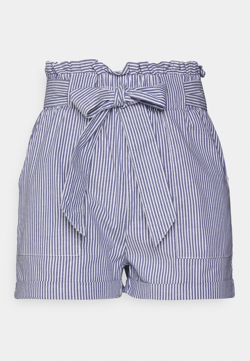 Striped fabric shorts in blue and white, featuring a ruffled waistband, a tied belt, and two front pockets. Straight cut with cuffed hems.