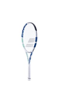 Hvid tennisracket med blå og mintgrønne accenter, oval hoved og stramme nylonstrenge. Har et struktureret greb for bedre fat.