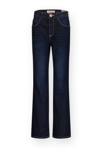 Tmavě modré džíny z denimu s rovně střiženým designem. Mají pět kapes, kontrastní švy, koženou štítku na pase a zapínání na knoflík.