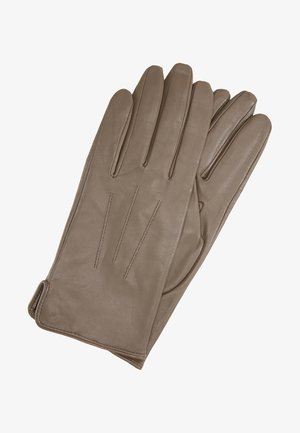 Brown leren handschoenen met een gladde textuur, een passende pasvorm en drie decoratieve stiklijnen op de achterkant van de hand.