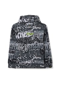 Sudadera gráfica con un patrón en negro y gris de texto y logotipos en estilo graffiti, con un toque de verde en la palabra "BRKLYN."