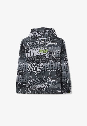 Grafische hoodie met een zwart en grijs patroon van graffiti-achtige tekst en logo's, met een opvallende groene kleur op het woord "BRKLYN."