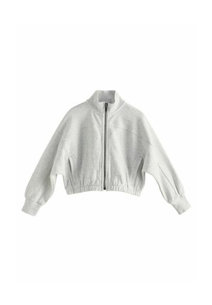 Sweatshirt gris coupé avec un col montant, fermeture éclair frontale et poignets élastiques. Fabriqué en tissu doux avec une surface légèrement texturée.
