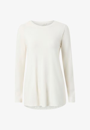 Biała tunika damska z długim rękawem, okrągłym dekoltem i lekko rozszerzanym dołem, przedstawiona na białym tle.