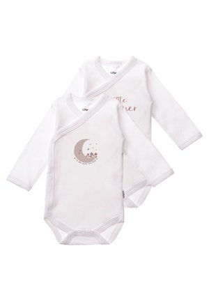 Two long-sleeve white bodysuits with snap closure, featuring a crescent moon and star design on one, and text "Little dreamer" on the other.