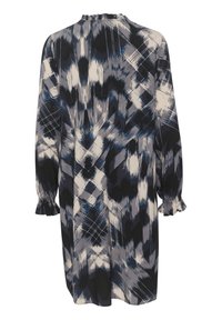 Šaty s dlouhým rukávem v abstraktním vzoru modré, šedé a černé barvy, se nařaseným výstřihem a nařasenými manžetami rukávů. Lehce materiál.