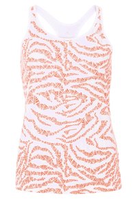 Débardeur blanc à dos nageur avec des motifs abstraits orange composés de petits logos "adidas" répétés.