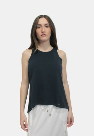 Top senza maniche blu navy con vestibilità rilassata, scollatura rotonda e tessuto morbido; presenta un'etichetta con logo discreta all'orlo.