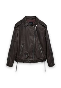 Veste de motard en cuir marron avec fermeture éclair, épaulettes, poches zippées et taille ceinturée. Texture lisse et coupe courte.