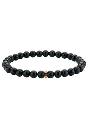 Zwarte kralenarmband gemaakt van glanzende, sferische stenen met een centrale accent in goudkleur. Elastische band voor gemakkelijk dragen.