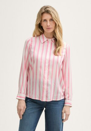 Blusa a maniche lunghe, a righe rosa e bianche, con colletto, caratterizzata da un’apertura frontale con bottoni e una vestibilità comoda. Tessuto morbido e leggero, design classico.