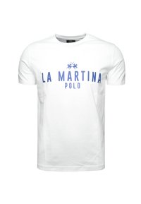 T-shirt bianca a maniche corte realizzata in cotone, con un logo blu "LA MARTINA" caratterizzato da un motivo polo e la parola "POLO" sotto in blu.