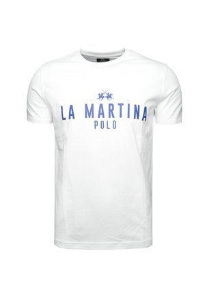 Hvid kortærmet T-shirt i bomuld med et blåt "LA MARTINA" logo med et polo-motiv og ordet "POLO" nedenfor i blåt.