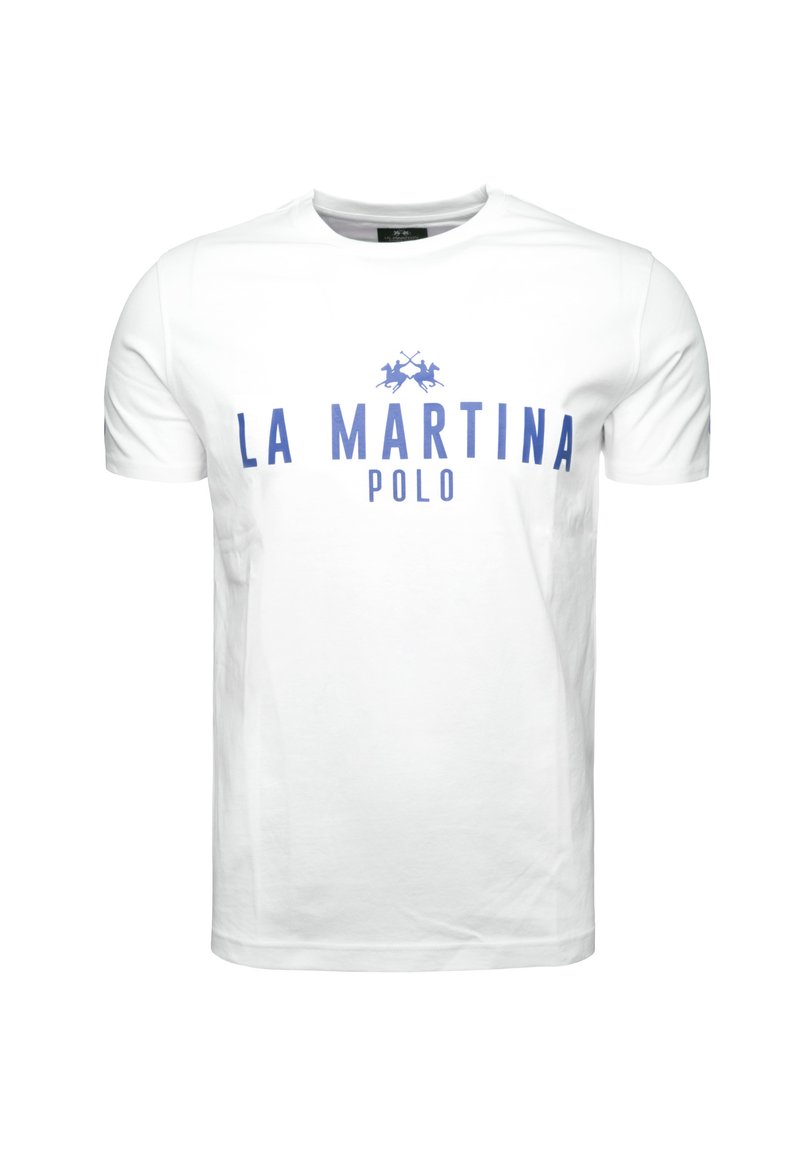 T-shirt bianca a maniche corte realizzata in cotone, con un logo blu "LA MARTINA" caratterizzato da un motivo polo e la parola "POLO" sotto in blu.